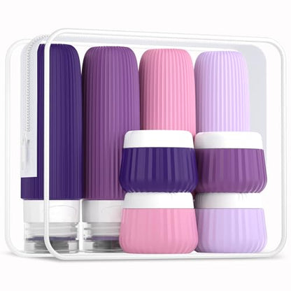 Mrsdry Travel Bottles for Toiletries - 8 Pack, TSA Approved 3oz Travel Containers, Leak Proof Silicone Squeezable Cream Jars with Clear Bag - color: Violet, size: Bottle 3oz Jars 1oz