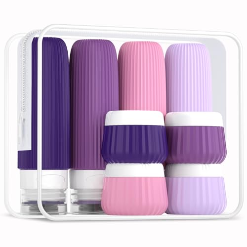 Mrsdry Travel Bottles for Toiletries - 8 Pack, TSA Approved 3oz Travel Containers, Leak Proof Silicone Squeezable Cream Jars with Clear Bag - color: Violet, size: Bottle 3oz Jars 1oz
