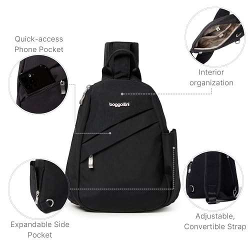 Baggallini Medium Sling Backpack - 9"x11" Lightweight Sling Bag with Convertible Adjustable Shoulder Strap - color: Black
