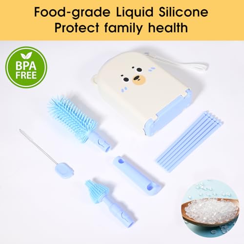 Travel Bottle Washing Kit with Storage Case, 7-in-1 Baby Travel Bottle Cleaner Kit for Travel and Home, All-in-One Baby Bottle Brush Set with Drying Rack for Bottles and Breast Pump Parts (Blue) - color: Blue