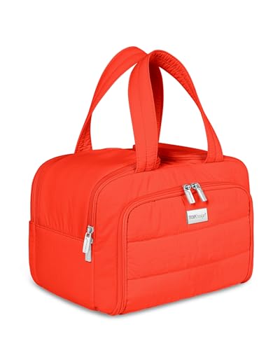 TOPDesign Travel Toiletry Bag for Women, Puffer Large Toiletry Bag, Lightweight Cosmetic Makeup Organizer with Handle for Traveling, Accessories, Essentials, Toiletries (Red Orange) - color: Red Orange