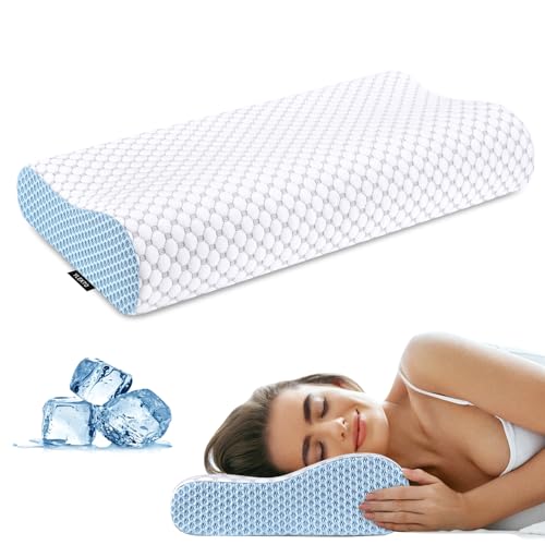 Cervical Neck Pillow for Pain Relief - Ergonomic Contour Memory Foam Pillows, Cooling Side Sleeper Pillow for Sleeping, Orthopedic Bed Pillow for Back Stomach Sleepers with Pillowcase(White & Blue) - color: White & Blue