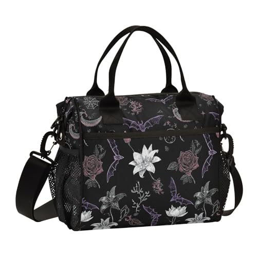 Bat Floral Black Lunch Bag & Lunch Box for Women with Adjustable Shoulder Belt Insulated Portable Lunch Tote Bag Cooler Bag for Girls Travel Office Picnic（Small） - color: lunch 30, size: Small
