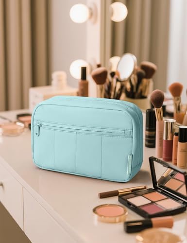 Noozion Makeup Bag Travel Toiletry Bag, Puffy Padded Cosmetic Bag for Women, Makeup Organizer Case, Wide-open Pouch Purse, Travel Essentials - color: Dusty Blue-Green
