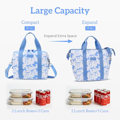 Lunch Box for Women Insulated Lunch Bag, Cute Lunch bags,Reusable Large Capacity Leakproof Lunchbox with Adjustable Shoulder Strap, Lunch tote for Work Office Picnic Travel (Blue bow) - color: Blue bow