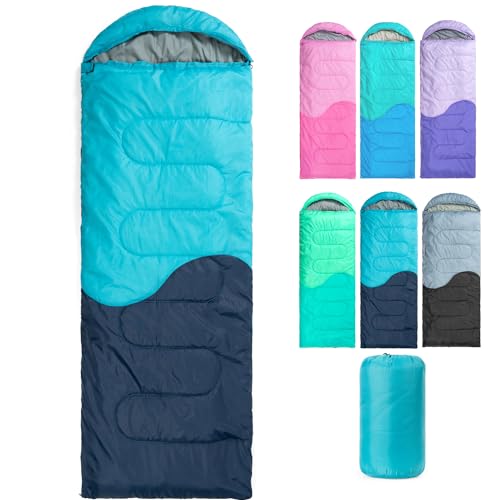 Sleeping Bag - 3 Seasons for Adults Kids Boys Girls Camping Hiking - Warm Cold Weather Lightweight Portable with Compression Bag for Backpacking in Spring, Summer, Fall and Winter - color: 4 lbs-Cyan
