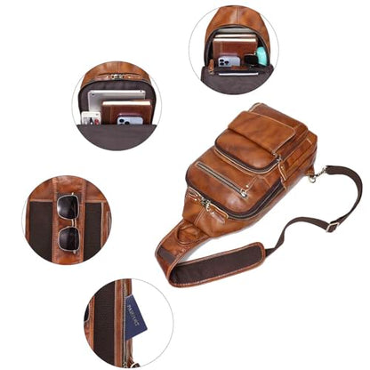 LANNSYNE Full Grain Leather Casual Sling Bag For Men Hiking/Travel/Business Crossbody Chest Bag Fits 12.9" iPad - color: Orangefor 12.9 Ipad