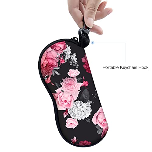 Sunglasses Soft Case with Carabiner Ultra Light Neoprene Zipper Glasses Case - color: Black Flower
