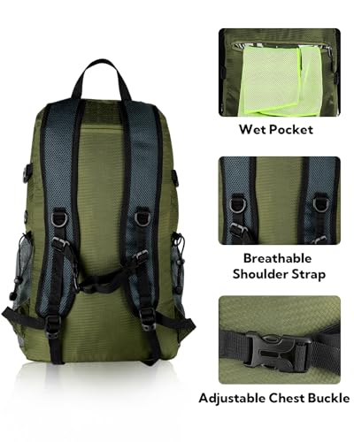 WATERFLY Lightweight Packable Hiking Backpack: 30L Foldable Travel Daypack Ultralight Camping Day Pack for Woman Man - color: Army Green