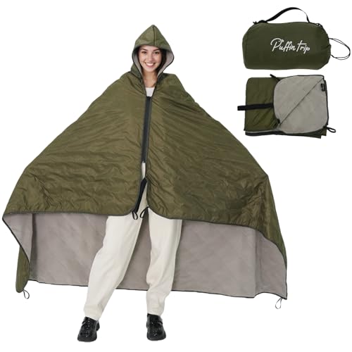 Wearable Warm Camping Blanket Waterproof Windproof Quilted Fleece Stadium Outdoor Blanket with Portable Bag for Cold Weather Picnic Sports Pet Beach Travel Car 79x55 inches Olive Green with Hat - color: Olive Green With Hat