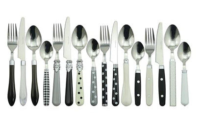 The Original Brink House Eclectic Black & White Mix & Match Stainless Steel Cutlery Set / 16 pieces with Metal Stand/Lifestyle utensils set for home, first apartment, dorm, dinner parties - color: Eclectic Black & White