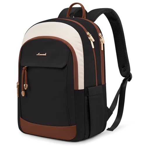 LOVEVOOK Laptop Backpack for Women, 15.6 inch Waterproof College Backpack Woman with Laptop Compartment Computer Bag Travel Backpack Purse, Large Black Computer Daypack for Work Casual - color: Black White Brown, size: 17.3 inches