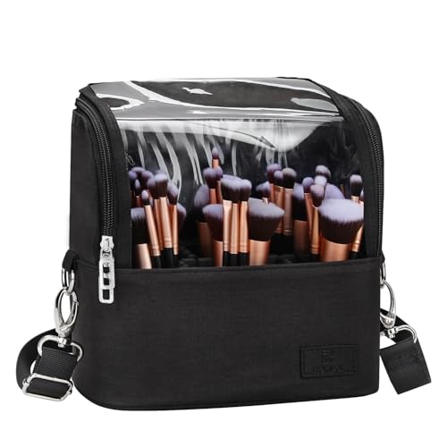 Makeup Brush Bag, Makeup Brush Holder Travel Stand-up Makeup Cup Large Makeup Brush Organizer Case Professional Cosmetic Bag Artist Storage Bag with Adjustable Divider (Large, Black) - color: A1-Black, size: 1-Large