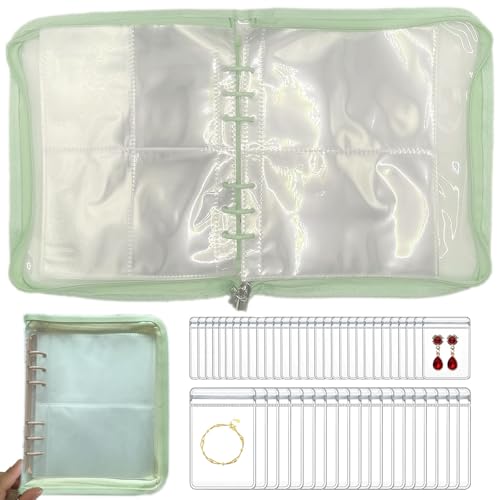 Transparent Jewelry Storage Travel Organizer Book for Necklace, Bracelet, Ring - Holder With Small Clear Pouch - Green - color: Green - 80pcs S Pouches, 40pcs L Pouches