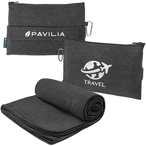 PAVILIA Travel Blanket Airplane Compact with Bag, Small Travel Pillow Blanket for Long Flights, Lightweight Plane Blanket with Luggage Strap, Camping Blanket for Traveler Essentials, Black, 65x40 - color: Black