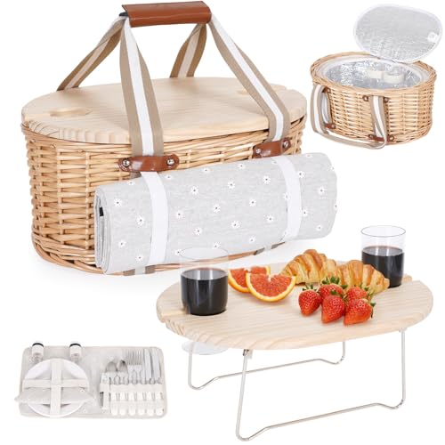 Picnic Basket Set for 2 - Wicker Insulated Picnic Basket with Waterproof Blanket, Folding Wine Picnic Table & Cutlery Kits, Picnic Baskets Kit for Camping, Outdoor, Valentine (White Flower)