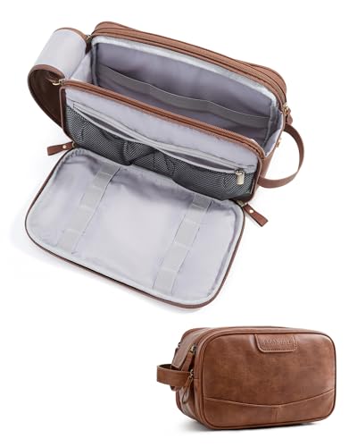 BAGSMART Medium Toiletry Bag for Men, PU Leather Travel Bag for Toiletries, Dopp Kit Water Resistant Shaving Bag for Bathroom Shower-Red Brown - color: Red Brown, size: Medium-5L