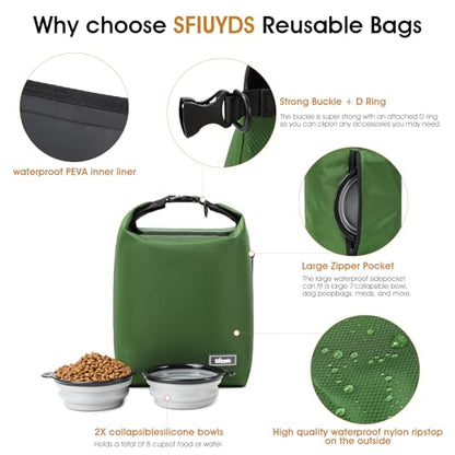 Dog Food Travel Bag with 2PCS Collapsible Dog Travel Bowls Air Tight Dog Food Storage Container(Green, Small) - color: Green, size: 12L