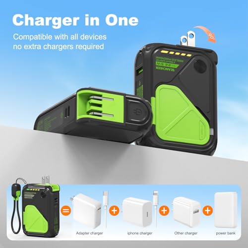 SEANCHEER P05 Portable Charger, Magnetic Power Bank, Small Wireless PowerBank,Emergency Battery Pack 10000mAh Travel Essentials Fast Charging with Built in Cable, Wall Plug for iPhone,Samsung,Andriod - color: Black