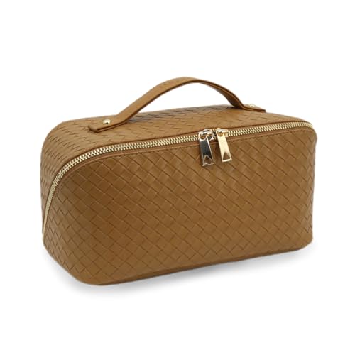 Travel Makeup Bag – Large Cosmetic Organizer with Waterproof PU Leather, Smooth Double Zipper & Tear-Resistant Lining, Toiletry Pouch for Women (Caramel) - color: 03-Caramel