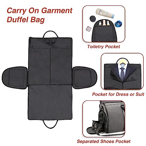 Garment Bag for Travel, Convertible Carry-On Duffel with Shoe Compartment, Waterproof & Wrinkle-Free Suit Carrier for Business Trips & Weekend Getaways, Foldable & Lightweight - color: Grey Black