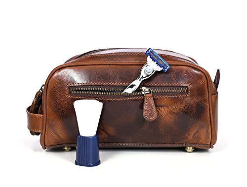 10" Premium Leather Toiletry Travel Pouch With Waterproof Lining | King-Size Handcrafted Vintage Dopp kit By Aaron Leather Goods (Espresso) - color: Espresso