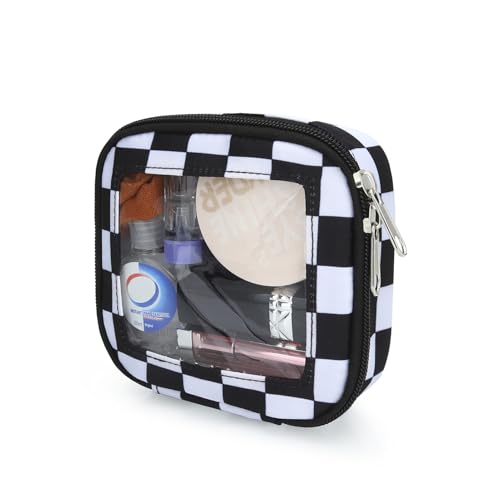 DOB SECHS Mini Checkered Bag for Purse 5.1'' x 5.1'' Small Makeup Bag for Car Cute Clear Cosmetic Bags with Zippers, Tiny Toiletry Bag Lipstick Pouch Organizer Case Travel Essentials Storage Pouches - color: Black+White Checkered