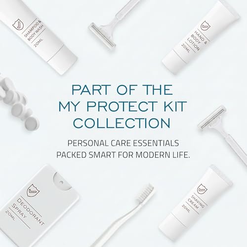 MY PROTECT KIT Travel Kit - 20 Pieces Travel Size Toiletries Set, Toothbrush, Shaver, Toothpaste Tablet, Shampoo & Body Wash, Shaving Cream, Lotion, Deodorant Spray, Pack of 6 - size: Travel Kit (Pack of 6)