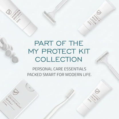 MY PROTECT KIT Travel Kit - 20 Pieces Travel Size Toiletries Set, Toothbrush, Shaver, Toothpaste Tablet, Shampoo & Body Wash, Shaving Cream, Lotion, Deodorant Spray, Pack of 1 - size: Travel Kit (Pack of 1)