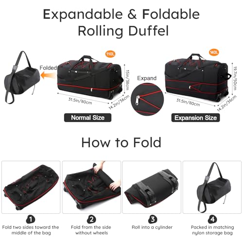 32" Soft-Sided Foldable Wheeled Duffle Bag, 110L Expandable 140L Rolling Travel Bag with Matching Storage Pouch, Updated Black-Red - color: Black-Red