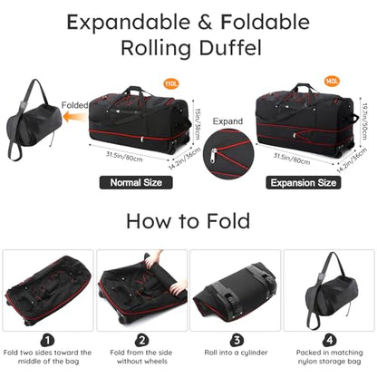 32" Soft-Sided Foldable Wheeled Duffle Bag, 110L Expandable 140L Rolling Travel Bag with Matching Storage Pouch, Updated Black-Red - color: Black-Red