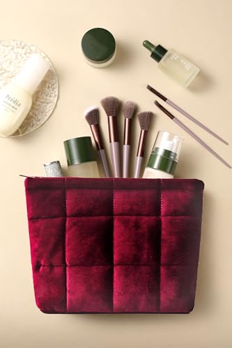 Puffy Quilted Makeup Bag, Cosmetic Bag, Travel Toiletry Organizer Pouch, Clutch for Women(Wine Red - Velvet) - color: Wine Red - Velvet