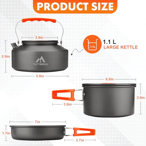THTYBROS 17pcs Camping Cookware Kit, 0.45Gal Pot, 7inches Pan,0.30Gal Kettle Set with 2 Set Stainless Steel Cups Plates Forks Knives Spoons for Hiking - size: 17 PCS without Stove