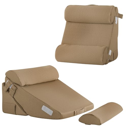 Bedluxe Adjustable 4pcs Bed Wedge Pillow Set, Memory Foam Wedges Pillow Post Surgery for Back, Neck, Leg Pain Relief, Pillows Wedge for Sleeping, Sitting up in Bed, Acid Reflux and GERD, Brown - color: Brown, size: Adjustable 9&12 Inch + 2 Head Pillow