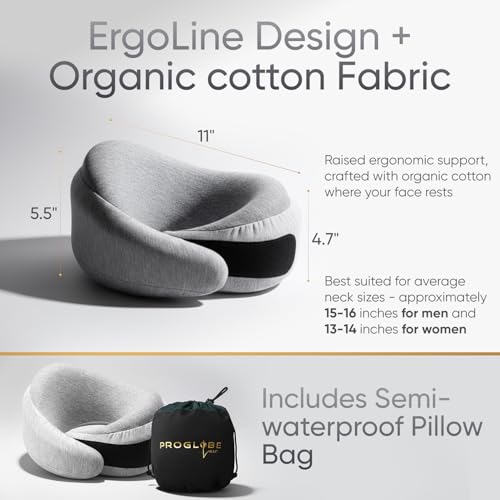 Proglobe Luxe Memory Foam Travel Neck Pillow for Airplanes, Ergonomic 360° Neck and Chin Support, Organic Cotton Cover, Compact Compression Bag, Light Gray