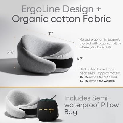 Proglobe Luxe Memory Foam Travel Neck Pillow for Airplanes, Ergonomic 360° Neck and Chin Support, Organic Cotton Cover, Compact Compression Bag, Light Gray