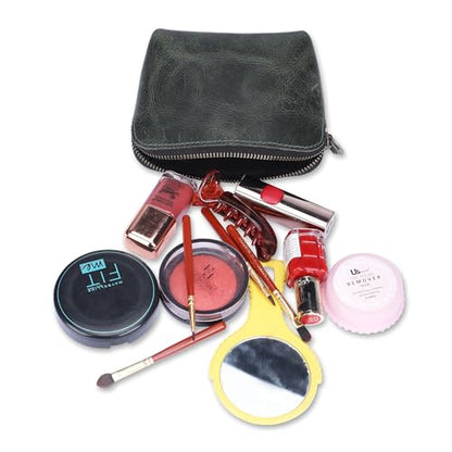 Full Grain Leather Cosmetic Bag – Zippered Makeup Pouch for Women, Small Travel Toiletry & Organizer Pouch for Purse, Premium Handmade Leather (5 × 4 × 2.5 in) - color: Green