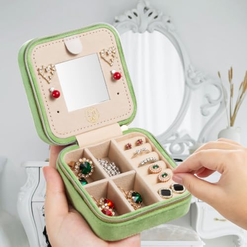 ZPROW Plush Velvet Travel Jewelry Case, Travel Jewelry Organizer, Jewelry Travel Case, Travel Jewelry Box, Small Jewelry Case, Jewelry Travel Box, Earring Organizer with Mirror - LightGreen - color: Velvet 1 Pack - LightGreen