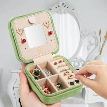 ZPROW Plush Velvet Travel Jewelry Case, Travel Jewelry Organizer, Jewelry Travel Case, Travel Jewelry Box, Small Jewelry Case, Jewelry Travel Box, Earring Organizer with Mirror - LightGreen - color: Velvet 1 Pack - LightGreen