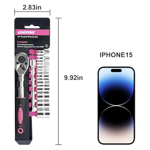 Egofine 12pcs 1/4 Inch Mini Ratchet Socket Wrench Set, Drive Socket Set with 10 Sockets (4-13mm) and 2 Way Quick Released Ratchet Handle and Extension Bar, Pink - size: 1/4, style: 12PC Pink Standard Socket Set