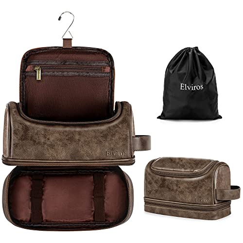 Elviros Toiletry Bag for Mens PU Leather Travel Organizer Kit with Hanging hook, Large Water-resistant Toiletries Bathroom Shaving Bags (Coffee) - color: Coffee, size: Large (Pack of 1)
