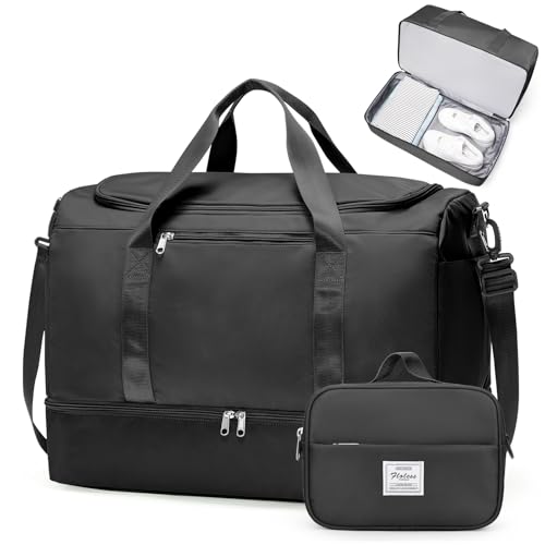Large Travel Duffle Bag,Carry on Overnight Weekend Bag with Shoes Compartment,Weekender Bags for Women for Travel Business Trips Sport Hospital,2Pcs,Black - color: Black with Toiletry Bag, size: Large