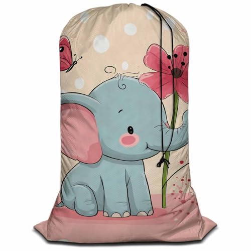 Swono Lovely Elephant Laundry Bag Dirty Clothes Organizer Cute Baby Elephant Wearing Bow Animal Cartoon Flower Extra Large Heavy Duty for Camp Home Dorm Room Essentials for Men Women - color: Lovely Elephant