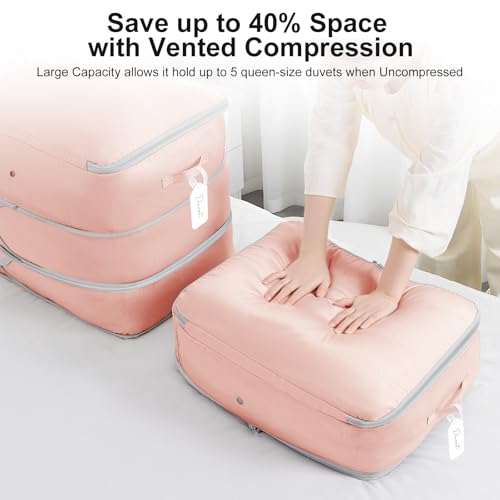 DIMJ Comforter Storage Bag - 110L Ultra Space Saving Self Compression Organize 6 Pack for Duvet, Pillow, Bedding, Blanket Storage Organizer Nylon Compression Bags - color: Pink, size: 110L x 6 Pack