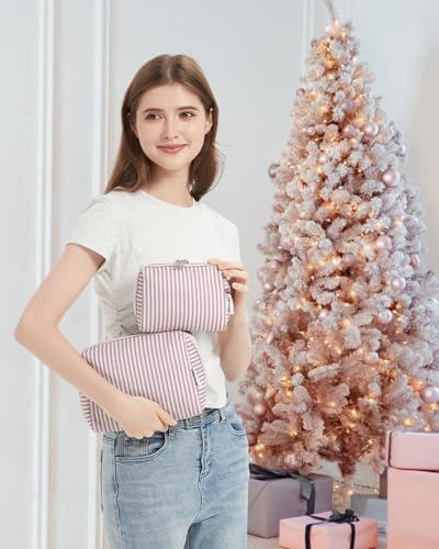 Narwey Small Striped Makeup Bag for Purse Mini Cosmetic Bag Travel Makeup Pouch Zipper Pouch Cute Make up Bags with Compartments for Women Girls (Dusty Rose Stripe, Small) - color: A-Dusty Rose Stripe, style: Small