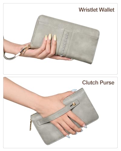 BOSTANTEN Wallets for Women Leather RFID Double Zipper Around Credit Card Holder Large Capacity Wristlet Clutch Wallet - color: Cloud Gray