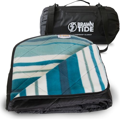 BRAWNTIDE Large Waterproof Outdoor Blanket, Extra Thick Fleece, Warm, Windproof & Sandproof, Quilted Stadium Blanket for Sports Events, Beach, Camping, Picnics, Dogs & Car, 82" x 55 - color: Teal Green