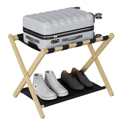 Smuxee Natural Bamboo Luggage Rack for Guest Room, Foldable Suitcase Stand with Storage Shelf, Easily Assembled Luggage Stand with 5 Nylon Straps for Guest Room Bedroom Hotel - color: Natural 1PCS