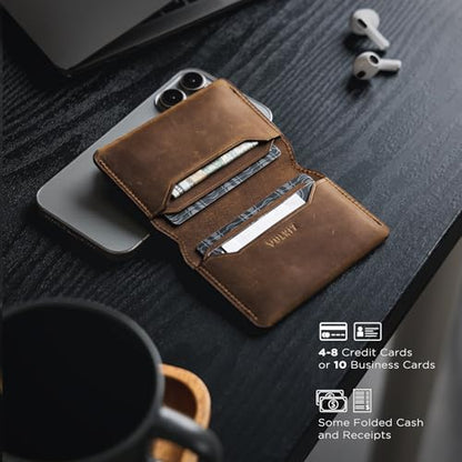 VULKIT Slim Minimalist Card Holder RFID Blocking Leather Credit Card Holder Front Pocket Wallet Magnetic Closure, Handcrafted Cowhide Version - color: Handicrafts Cowhide- Espresso