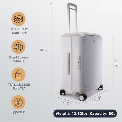 Hang Safe Checked Luggage 24 inch,PC Hard Shell Lightweight Zipperless Suitcases,360° Spinner Wheels,TSA Locks USB Charging Port,Top Travel Seat,Checked-Medium 80L White - color: White, size: 24 inch